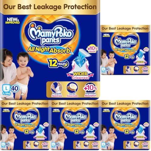 Image of New Mamypoko Pants Premium All Night Absorb| Pant Style Baby Diapers Large Size(L), 40 Count, Ideal for 9-14Kgs|1 Diaper: Upto All Night Absorption now with 10% increased power|Wider Crisscross Sheet|Gentle Coco Care| 12hr Leakage Protection| Prevents Heaviness.