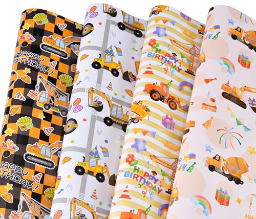 Titiweet Construction Birthday Wrapping Paper, 6 Large Sheets Tractor & Truck Wrapping Paper for Boys, 39.4 X 27.6 Inches Per Sheet(Construction Birthday)