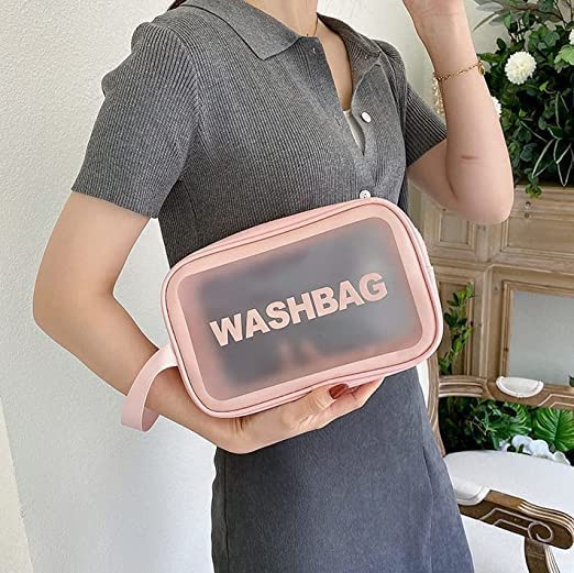 Image of Makeup Pouch Bag PVC Travel Toiletries Organizer Cosmetic Bags Wash Bag Pouch for Travel Kit Toiletry Bag Portable Organizer Case Carry Pouch for Women Bathroom Set of 3 (Pink)