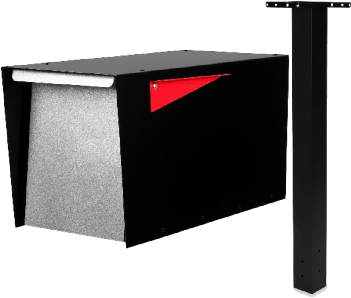 Ilyapa Modern Design Mailbox, Black & Stainless, All Weather Powder Coated Steel Heavy Duty Curbside Welded Mailbox & Post