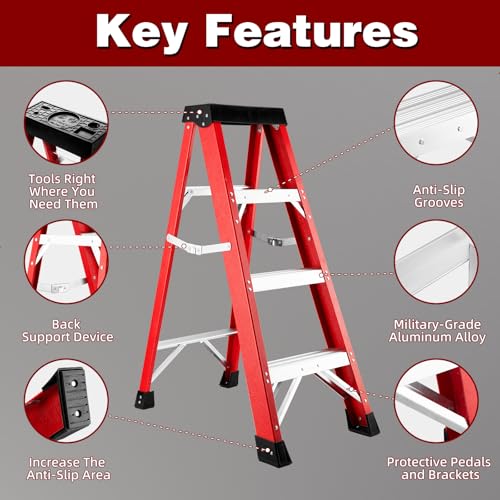 Image of Fiberglass Ladder, Single-Sided Stepladder for Electrical Engineering Ladder Construction with a Load Capacity of 330 pounds (4 Steps-Red)