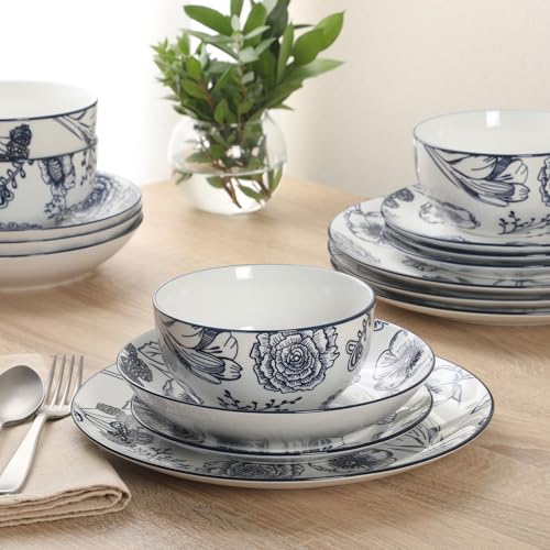 Image of Gibson Home Westerly Court 16-Piece Dinnerware Set, Blue Floral Stoneware Plates & Bowls, Service for 4, Round Durable Everyday Dish Set