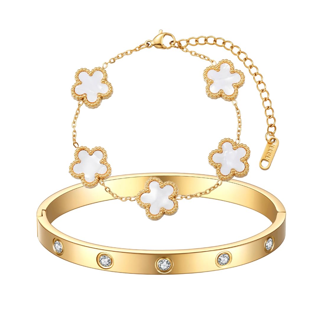 AOWVUTS 2 Piezas Pulsera Oro Mujer Chapado en oro de 18 Quilates Pulsera de Trébol de la Suerte Ajustable Brazalete con Diamantes Conjunto de 2 pulseras de Cinco Hojas Acero Inoxidable Regalo