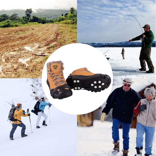 Fesoar Steigeisen für Stiefel, EIS Traktion Stollen rutschfest auf Schuhe/Stiefel 10 Stollen Schnee EIS Steigeisen Spikes (M)