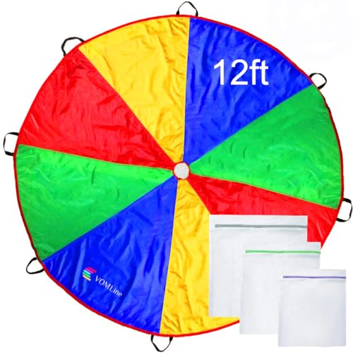 VOMLINE Play Parachute for Kids 12 feet Kids Parachute with Dirt Resistant Handles for Party Games Proper Selection of Matching Colors (12 Foot 8 Handles)