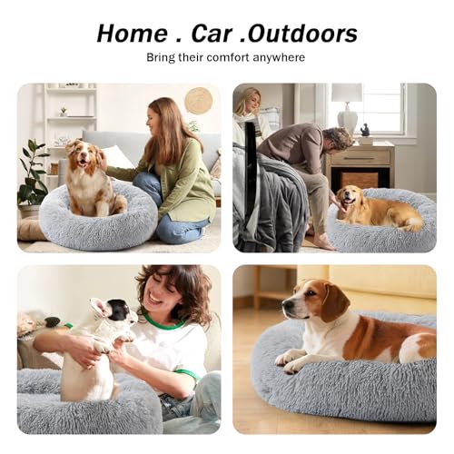 Image of NOYAL Calming Donut Dog Bed for Small to Medium Dogs & Cats - Plush Faux Fur Anti-Anxiety Pet Bed with Machine Washable Cover & Non-Slip Base