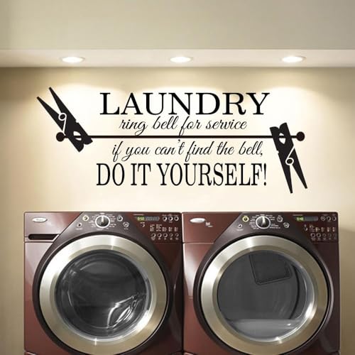 Wäsche-Zitat Wandaufkleber, Wäschering, Glocke für Service, Do It Yourself Wäscheklammer, Wandaufkleber, Waschküche, Dekoration, Wandbild, 144 x 42 cm