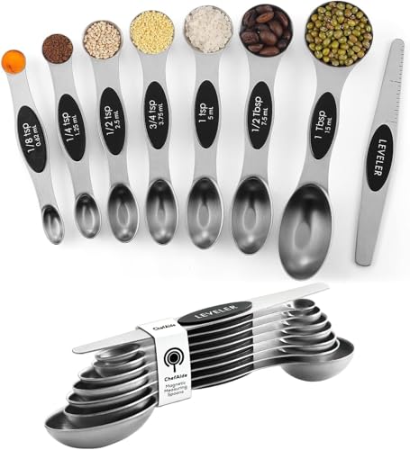 Product Image of the ChefAide Pack of 8 Stainless Steel Magnetic Measuring Spoons Set, Dual Sided, Stackable, Adjustable Teaspoon and Tablespoon Measure Spoon with Leveler, Kitchen Gadgets Set 5