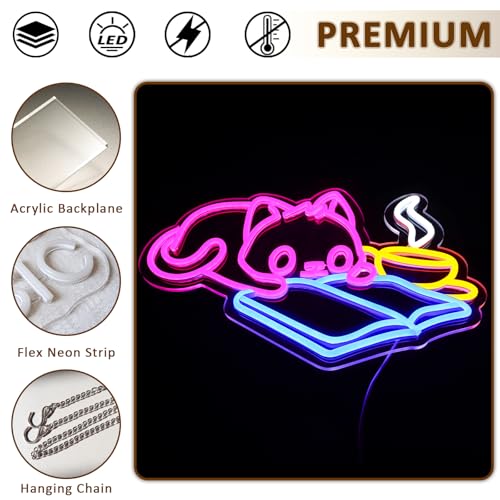 Image of Cat Reading Book Neon Sign for Wall Decor, Cute Cat Led Signs for Library, USB Dimmable Neon Lights for Classroom Reading Cafe Corner Bedroom Study Room Home Book Club Motivational Wall Art