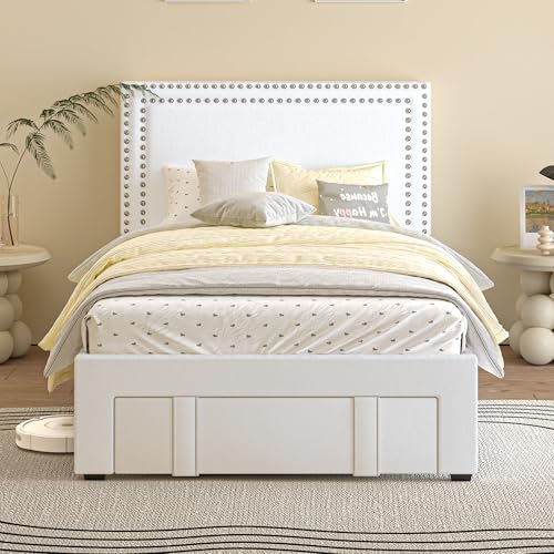 Image of VECELO Twin Size Upholstered Bed Frame with Storage Drawer, Adjustable Velvet Rivet Decor Headboard, Wooden Slats Platform Support, No Box Spring Needed, Easy Assembly,White