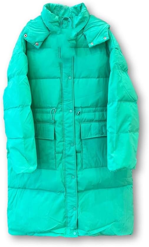 Loose Hooded Drawstringable Waist Cinching Long Standing Collar Fit Warm Down Coat Jacket
