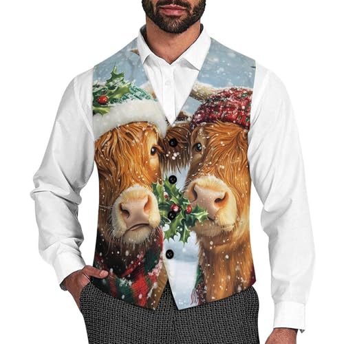 Highland Cows Christmas Snowy Scene Casual Suit Vest for Men Formal Business Dress Regular Fit Waistcoat Tuxedo
