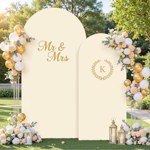 Image of Beige Arch Backdrop Cover Set of 2-7.2 and 6ft Beige Arch Covers Stretchy Backdrop Spandex Wedding Balloon Arch Stand Covers for Baby Shower Birthday Party Bridal Shower Banquet Photo Background
