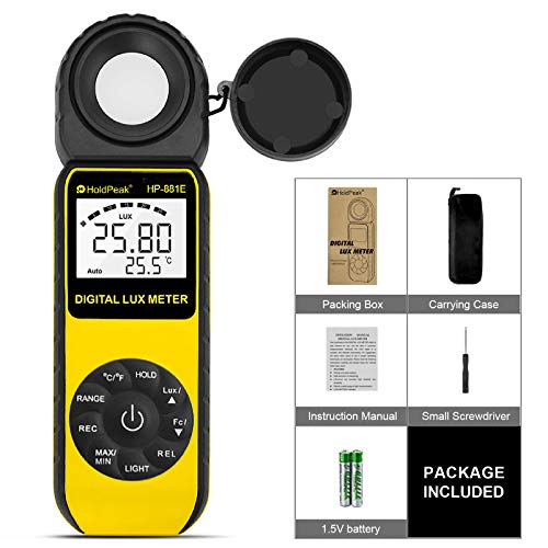 Light Meter-HOLDPEAK 881E Digital Illuminanc/Light Meter with 0.01~300,000 Lux (0.01~30,000 FC) Measuring Ranges and 270° Rotatable Detector for LED Lights and Plants Lumen Meter