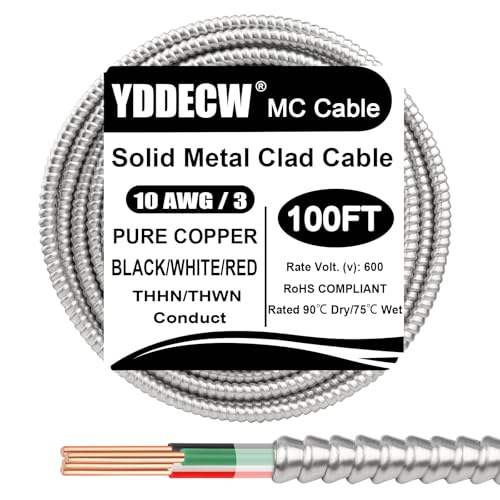 Image of 100ft 10 /3 Metal Clad (MC) Cable with Ground, 10 Gauge Electric Wire with Aluminum Armor, Solid Bare Copper Conductors for Indoor Outdoor Underground Embedded Installation (10 /3, 100 ft)