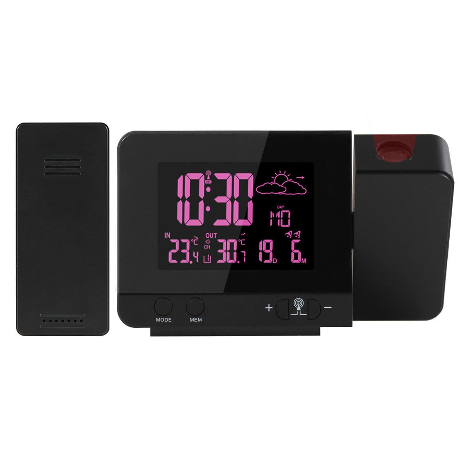 Reloj despertador con proyector giratorio de 180°, alarma dual, función de repetición, visualización de fecha y hora, temperatura interior y exterior, puerto de carga USB