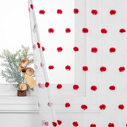 MYSKY HOME Red Pom Pom Curtains for Girls Bedroom 63 Inches Long 2 Panels