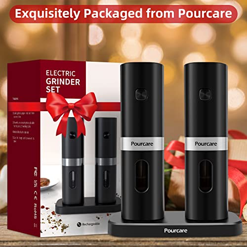 Pourcare Rechargeable Electric Salt And Pepper Grinder Set, Automatic Refillable Salt & Pepper Mill Set With Charging Base, Adjustable Coarseness Pepper Mill Shakers, One Hand Operation, Led Light #TOP6