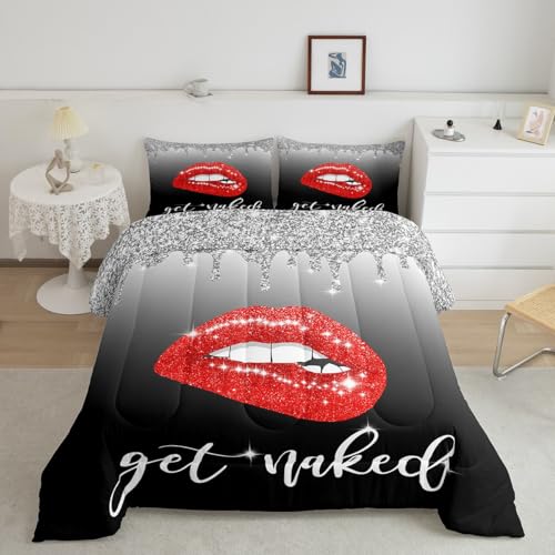 Image of Feelyou Black Bedding Set King, Get Naked Lips Comforter Set Lips Comforter for Kids Toddler Ombre Black and Red Duvet Set with 2 Pillow Case