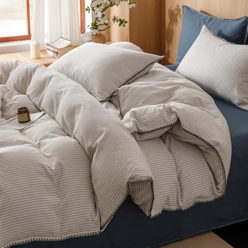 Image of VM VOUGEMARKET Beige Grey Duvet Cover Set with Blue Stripes 3pcs Yarn Dyed Muslin Cotton Vertical Striped Ticking Pattern Bedding Set Without Comforter - Queen Size