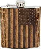 WUDN 6 oz. Wooden Hip Flask - Stainless Steel Body, Real American Flag
