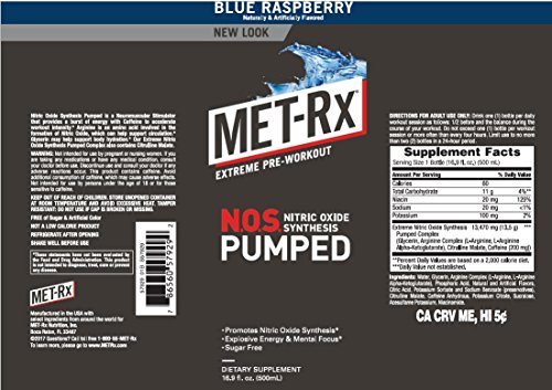 MET-Rx NOS Pumped, Blue Raspberry, 16.9 oz. (12 count), Pre-Workout Ready To Drink (RTD) Sugar Free Energy Supplement with Caffeine, and Amino Acids