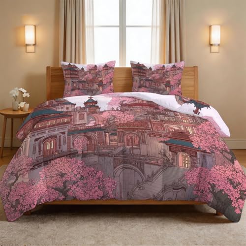 Edredón de 200 x 220 cm, 4 estaciones, estilo anime japonés, reversible, para adolescentes, cálido, lavable, para todo el año, diseño de flores, árboles, casa de madera, patio, manta infantil sin