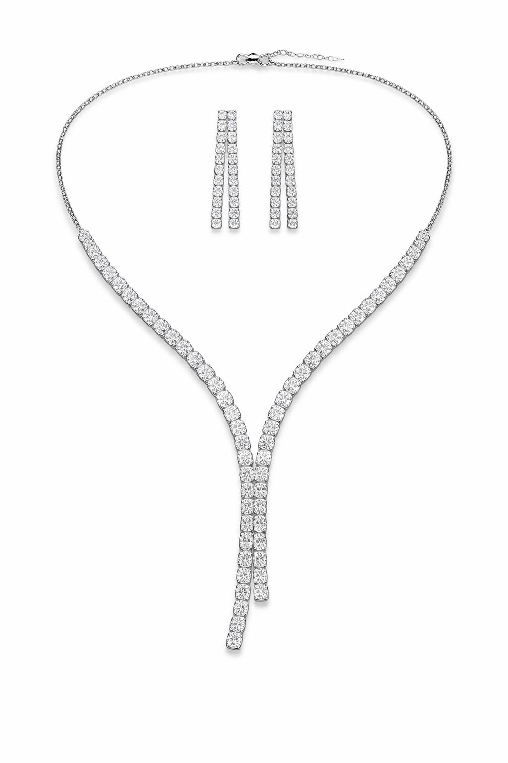 Silver Crystal Necklace Set for Women | Diamond Style Long Necklace with Earrings |Gif for her | Wedding Jewelry Set for Girls-image-33