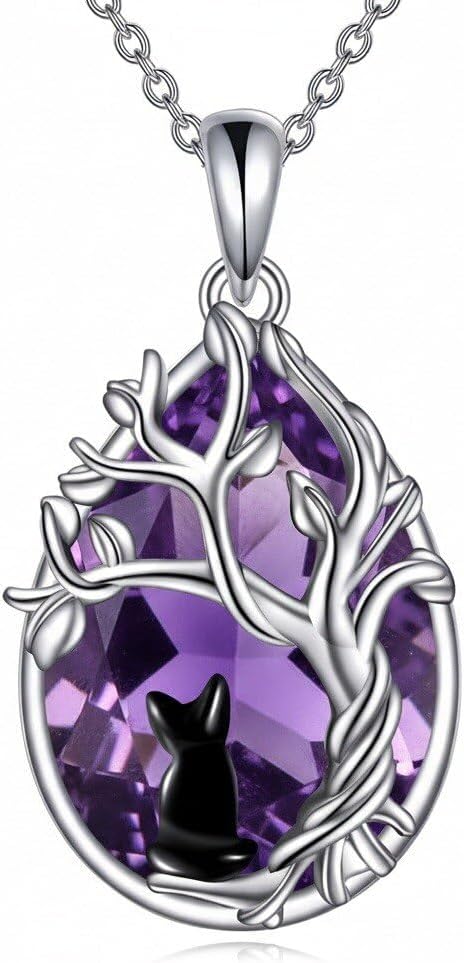 Celtic Filigree Tree Cat Necklace for Women Gemstone Jewelry Gifts