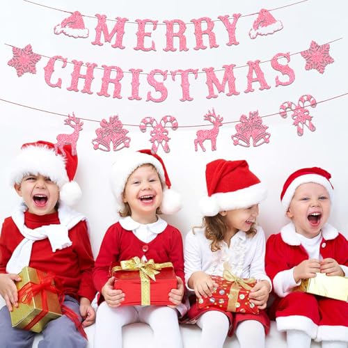 Image of Pink Christmas Party Decorations,Merry Christmas Banner Decorations,Xmas Pink Tree Snowflake Banner for Home, Outdoor, Indoor, Winter Holiday Home Birthday Party,Snowflake Winter Birthday