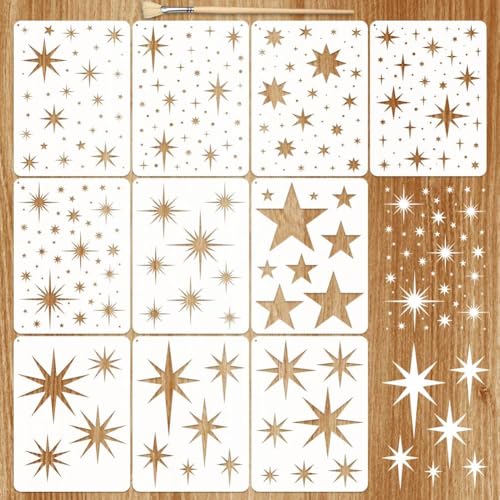 GLASSWINDS 10Pcs Large Star Stencils for Painting Reusable, Twinkle Star Wall Stencil Paint Stencil Drawing Stencils for Painting on Wood Craft Canvas Fabric DIY Art Projects Home Decor