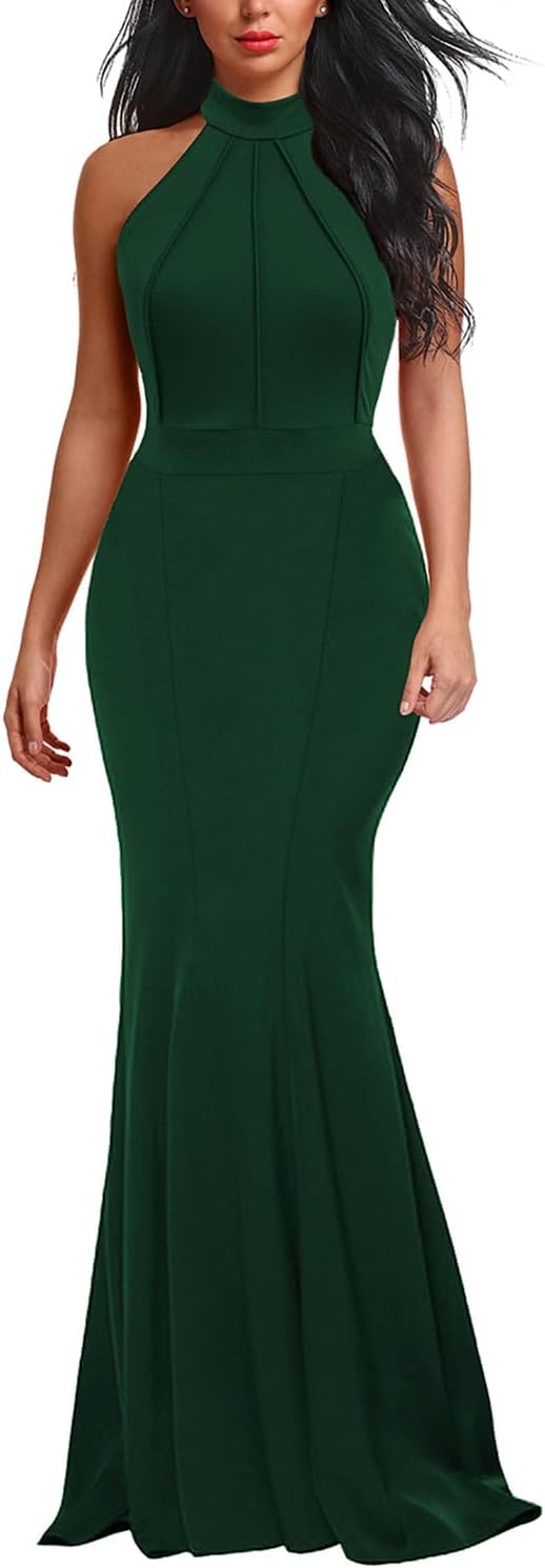 BerydressWomen's Elegant Chic Halter Neck Sleeveless Solid Stretchy Wedding Guest Mermaid Long Evening Dress