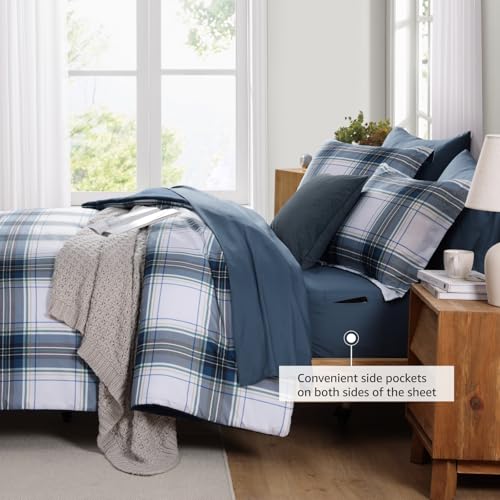 Image of MaiReve Full Size Plaid Comforter Set Blue White, Classic 7 Pieces Farmhouse Bedding Set, All Season Lightweight Bed in A Bag with Sheets, Pillowcases & Shams