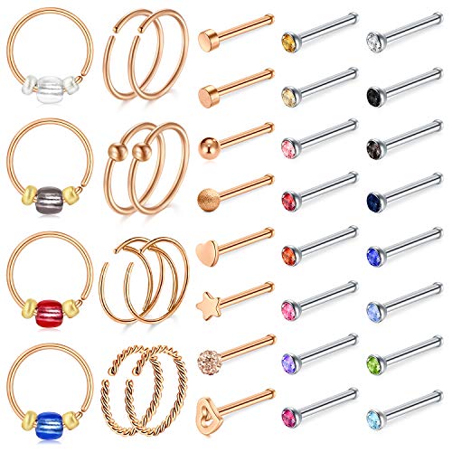 JFORYOU Nose Rings 36 Pcs Nose Rings for Women Nose Studs Nose Ring Hoop 20G Piercings Jewelry Stainless Steel for Women Men