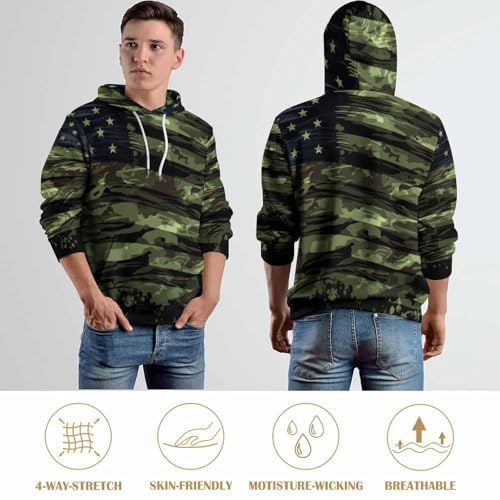 Sweat à capuche manches longues imprimé camouflage militaire et rayures rétro vert - 7