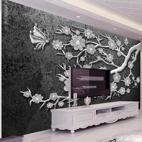 Papier peint mural 3D fleurs argentées décoration murale pour agrandir salon - 3