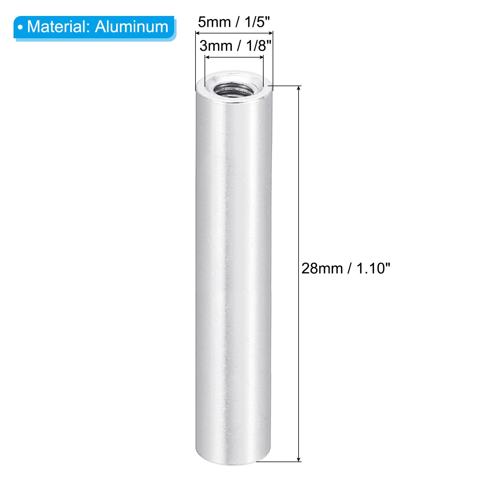 PATIKIL M3 Aluminum Spacers, 6 Pcs Metal Spacer Aluminum 3mm ID x 5mm OD x 28mm L Threaded Spacer Screw Standoff Round for RC Car Drones Motherboard, Silvery - Image 2