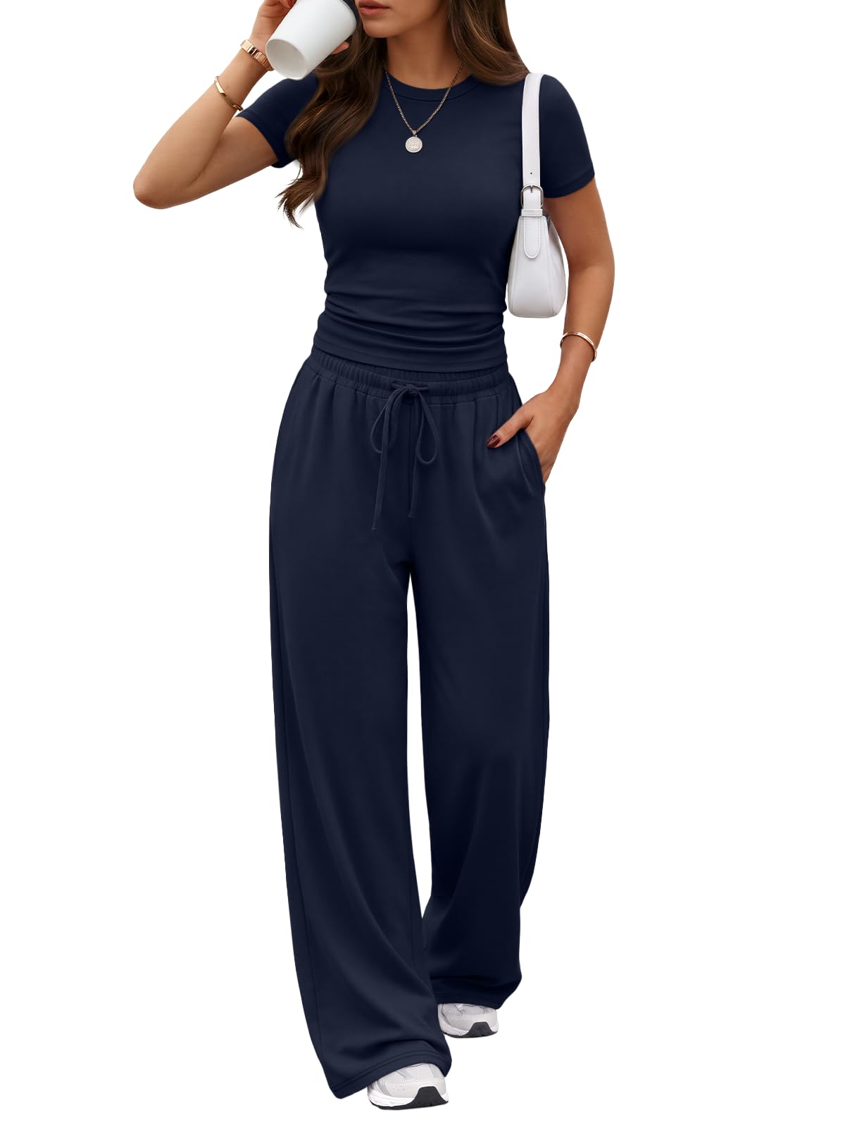 Trendy Queen Women's 2 Piece Matching Summer Lounge Set with Pockets | Vacation Airport Travel Outfits, Workout Gym Clothing Comfy Athleisure Clothes, Side-ruched Top, Drawstring Wide Leg Pants