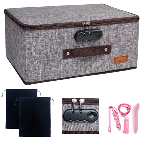 MXQHXZSX Locking Adult Game Toy Storage Organizer Lock Box Toy Storage Bins Game Toys Storage Bags with 2 Drawstring Bags Large capacity 14 x 10 x 6.3 Inches (Heather Grey)