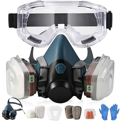 Tigvio Máscara de protección respiratoria, juego de máscara de gas, máscara antipolvo para pintura, vapores, protección contra el polvo, protección respiratoria con gafas de protección, máscara