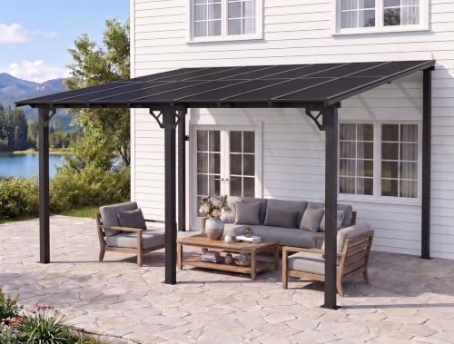 Image of 10x14FT Lean to Gazebo Pergola Patio Pergolas withSloped Roof | Large Wall Mounted Gazebos Heavy Duty Awnings with Galvanized Steel Frame Hardtop Gadern Canopy for Backyard, Deck, Porch