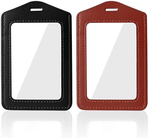 Larpur Paquete de 2 soportes para tarjetas de identificación de cuero auténtico, portatarjetas verticales con ventana de identificación