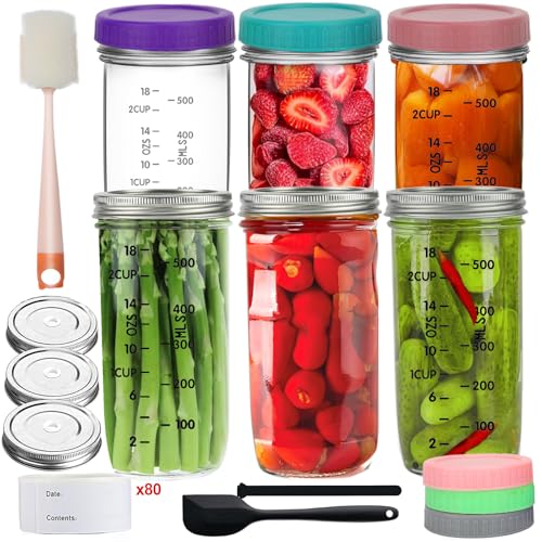 24 Oz Wide Mouth Mason Jars with Lids ,Set of 6 , Large Tall Clear Glass Canning Jars Kit with Labels Brush for Pickling, Overnight Oats,Fermenting,DIY Projects (Metal and Plastic Lids Included)