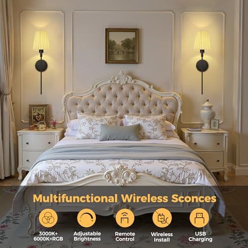 Image of DORESshop Battery Operated Wall Sconce Set of 2, 10 Color Wireless Wall Light Easy to Install, Sconce Wall Decor Set of 2 for Bedroom, Living Room, Pleated Fabric Shade, Black, 24.6in