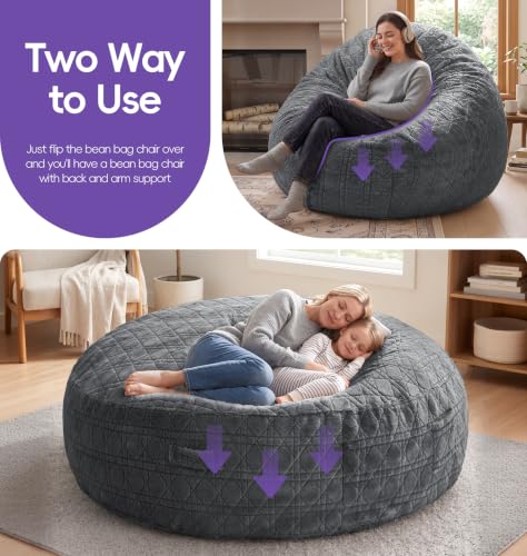 Image of 6FT Bean Bag Chair Oversized Bean Bags for Adults Large Bean Bag Beanbag Chair Washable Cover Quilted Plush Bean Bags Giant Memory Foam Bean Bag Chairs for Adults Pocket Bedrooms Living Room(Darkgrey)