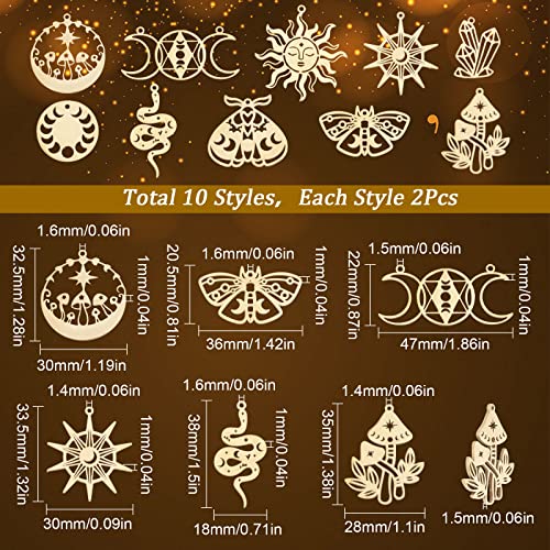 SUNNYCLUE 1 Box 20Pcs Real 18K Gold Plated Tarot Style Sun Charms Triple Goddess Moon Charm Mushroom Moon Phase Hollow Resin Frame Crystal Stone Butterfly Charms for jewellery Making Charm DIY Craft - Image 2