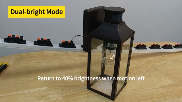 Image of MICSIU 12.75 inch Bronze Motion Sensor Traditional Outdoor Light Fixture 1 Pack | Dusk to Dawn Outside Wall Sconce with Clear Seedy Glass, 3 Modes Farm Porch Light for House Garage Deck
