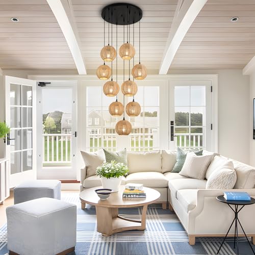 Image of Round 9 Light Boho Pendant Light Rattan Hanging Lamp | Hand Woven Wicker Small Chandelier Hanging Lights Fixture for Bedroom Kitchen Hallway Foyer