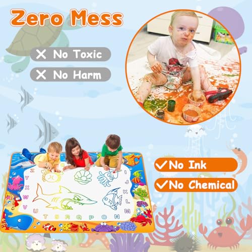 Image of PATPAT 100x70CM Reusable Magic Water Doodle Mat for Kids, Animal Ocean Theme Educational Drawing Toys Mat with Water Pens, Roller Stamps, Templates & Guide Birthday Gift for Kids