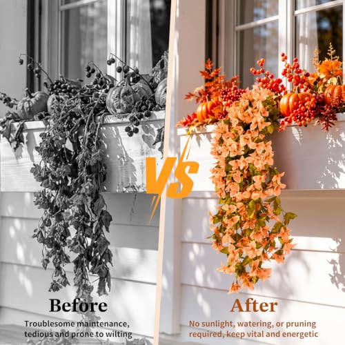 Image of Lewondr Artificial Fall Hanging Flowers UV Resistant Bougainvillea, Apricot | 2PCS Faux Silk Long Trailing Vines, Fade Proof, Fake Flowers for Autumn Decorations, Front Door Porch Planter Urn Patio